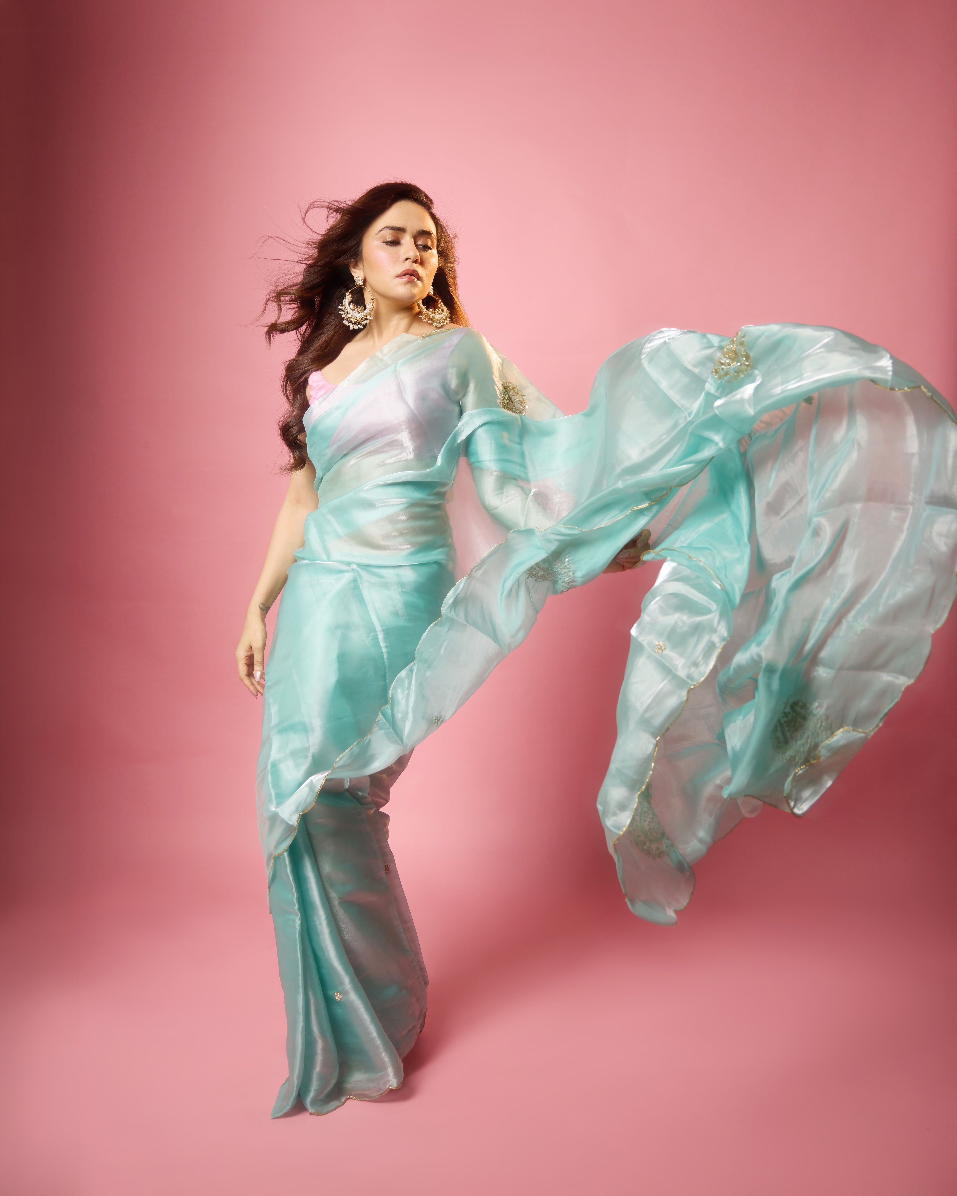 Pure Liquid Organza with Delicate Gold Work - Sky Blue