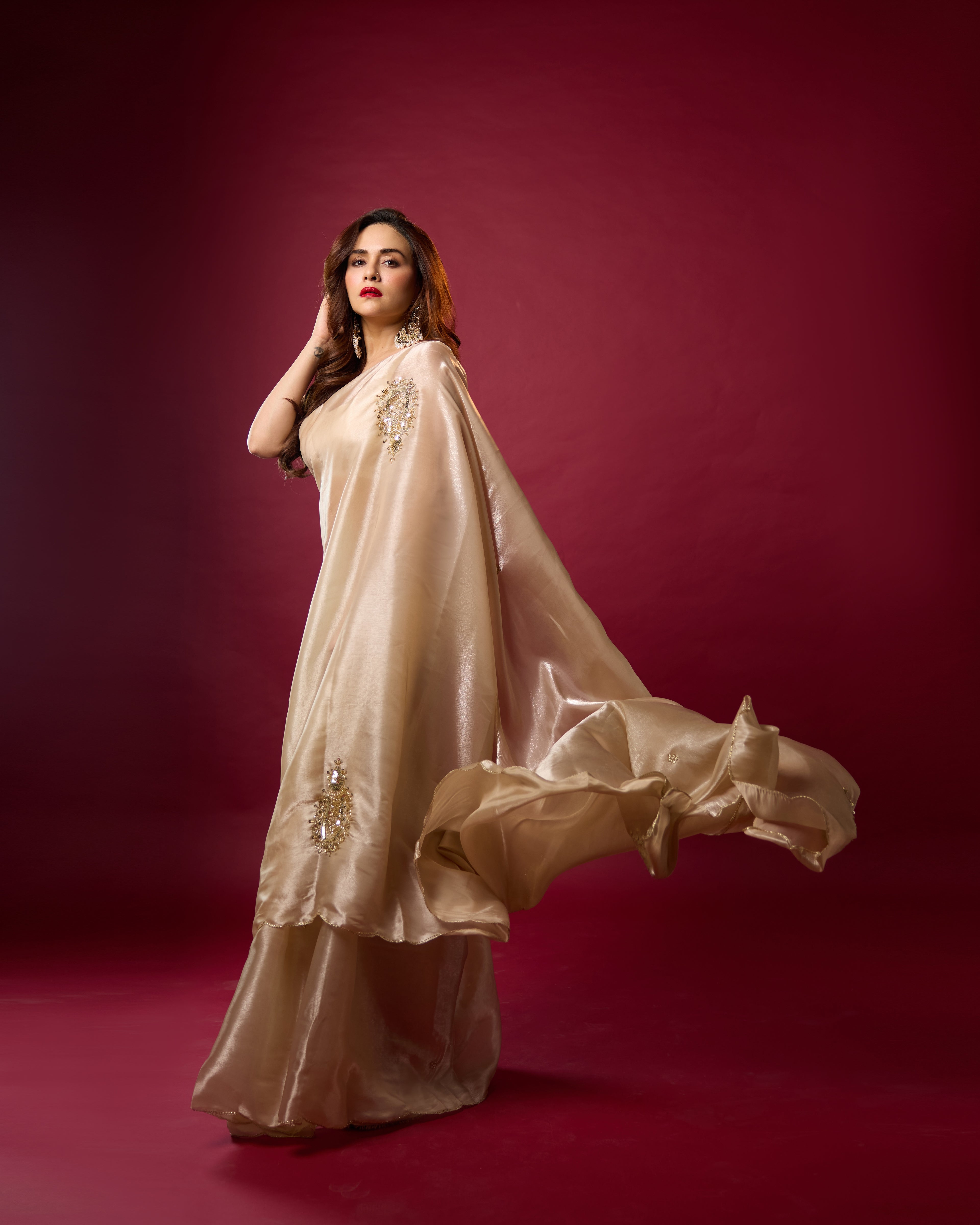 Pure Liquid Organza with Delicate Gold Work - Champagne Gold