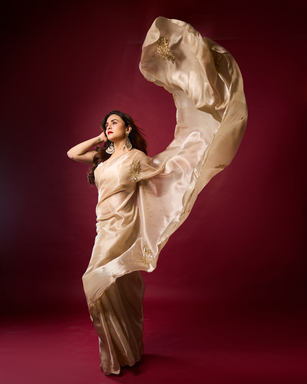 Pure Liquid Organza with Delicate Gold Work - Champagne Gold