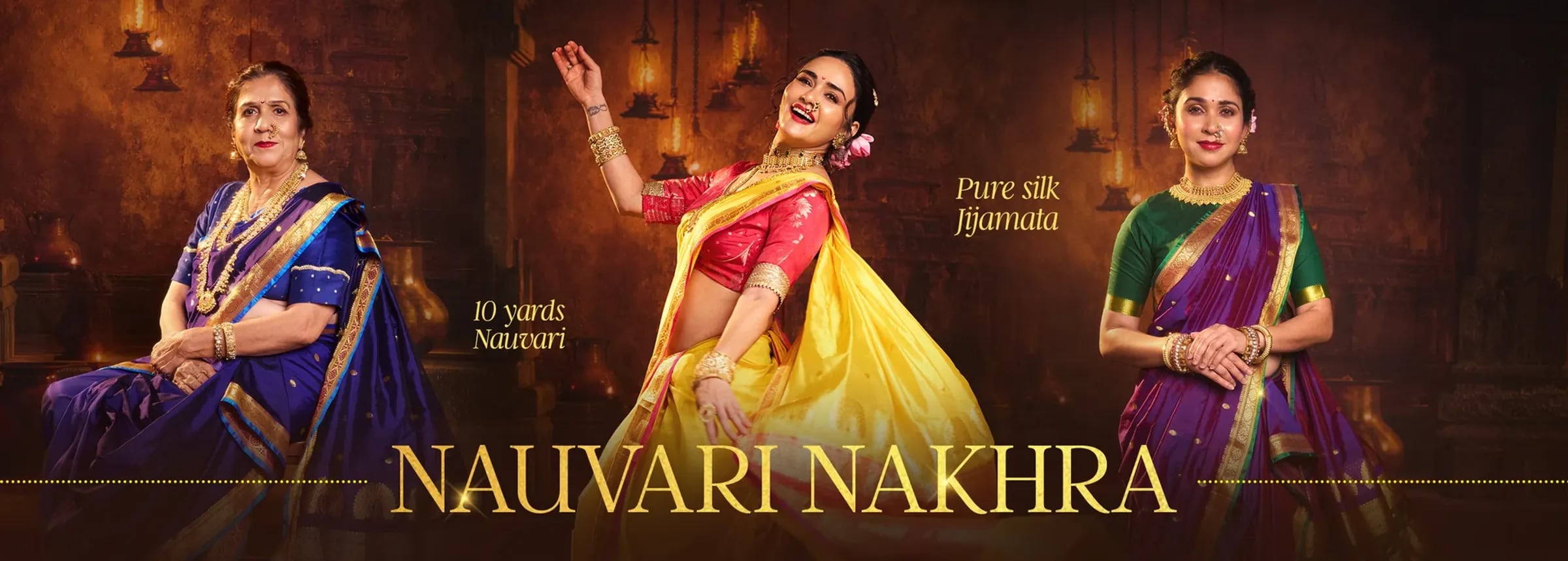 Nauvari Nakhra — women in nine-yard Nauvari silk sarees in a lamp-lit stone hall. Ten yards Nauvari; pure silk Jijamata.